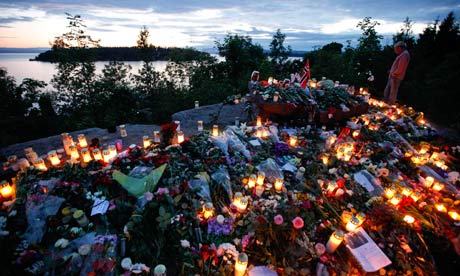 A temporary memorial on Utøya island, Norway, scene of the 22 July shootings.
