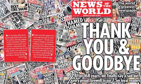 Handout shows the wraparound front page of the last edition of the News of the World newspaper