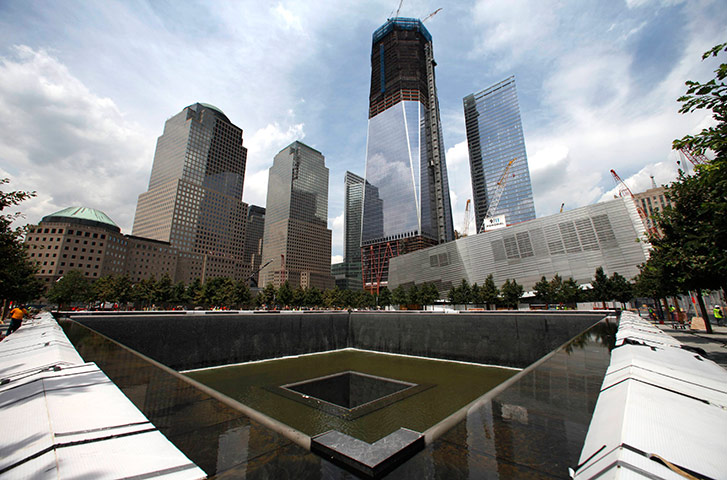 September 11 Memorial: A general view of the south pool waterfall under construction 