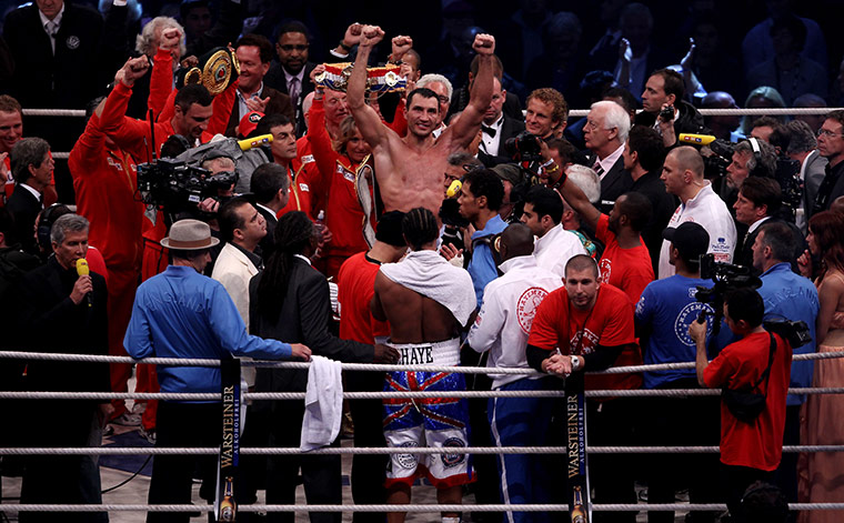Haye V Klitschko: Wladimir Klitschko celebrates his victory over David Haye