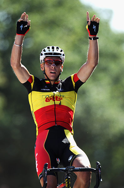 Tour de France stage 1: Philippe Gilbert of Omega Pharma-Lotto celebrates winning stage one