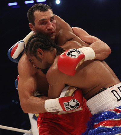 Haye v Klitschko: Wladimir Klitschko and David Haye in a clinch