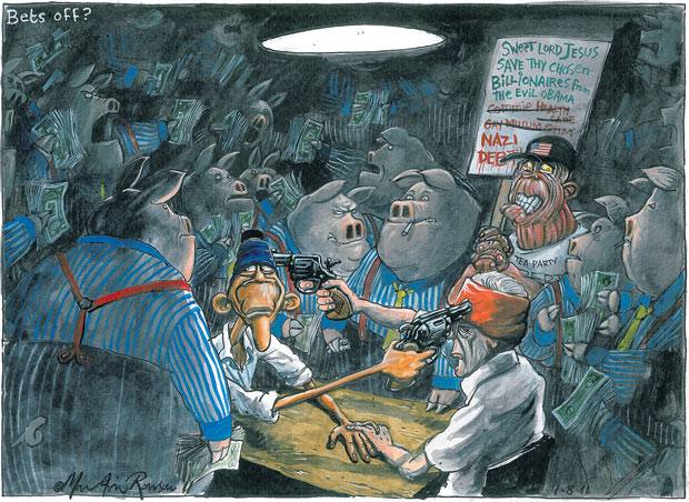 Martin Rowson cartoon on the US debt ceiling negotiations - Barack Obama and John Boehner's slow-moving attempt to find a compromise