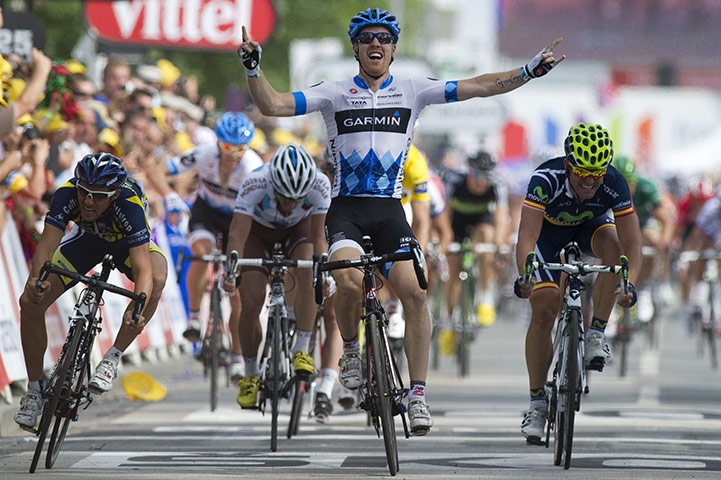 Tour de France Update: Tyler Farrar celebrates the finish line after the third stage of the Tour