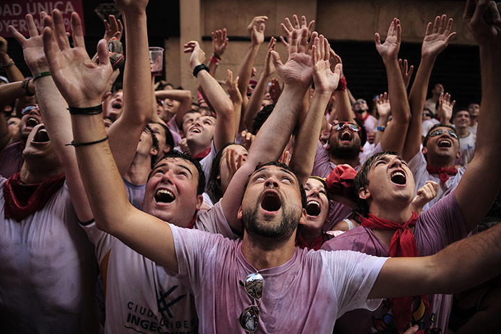 Pamplona revellers: Revellers celebrate the Chupinazo, the opening of the San Fermin fiestas