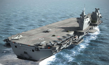 A computer-generated image of an aircraft carrier planned for the Royal Navy