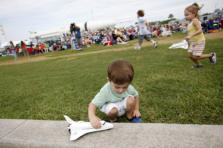 Shuttle Final Launch: Brody Keyes, 2 plays with a toy space shuttle waiting for shuttle launch