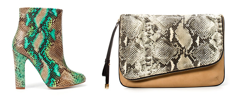 Key trends: snakeskin: Ankle boots and fold-over clutch