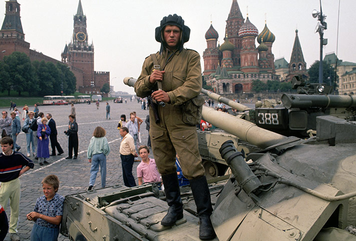 Moscow  coup: A soldier loyal to the coup leaders stands on top of his tank
