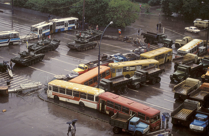 Moscow  coup: 21 August: A barricade made of trams at the site of clashes in Moscow 