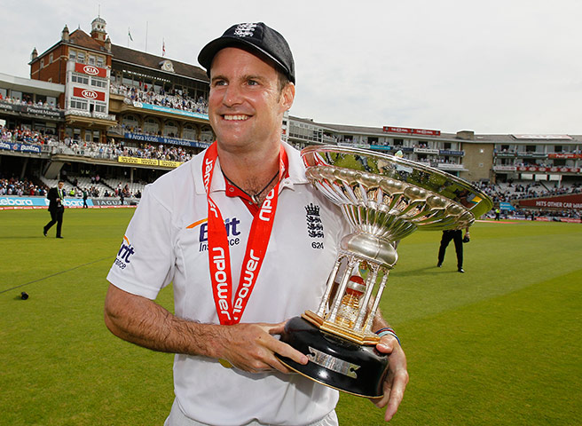 India Oval Fourth Test: Andrew Strauss holds the winners trophy on a lap of honour