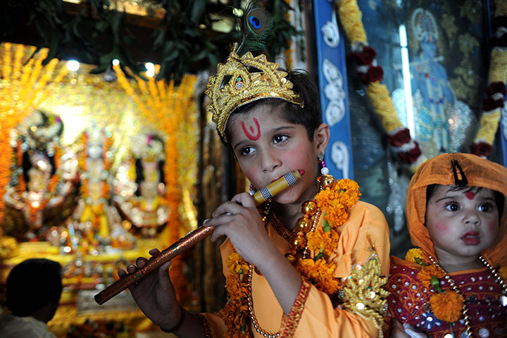 Krishna festival: Amritsar, India: Young Indian Hindu's dressed as Hindu God Lord Krishna