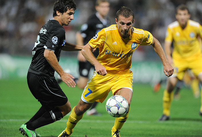 Champions League Draw: Sturm Graz's Giorgi Popkhadze tussles with Bate Borisov's Artyom Kontsevoi