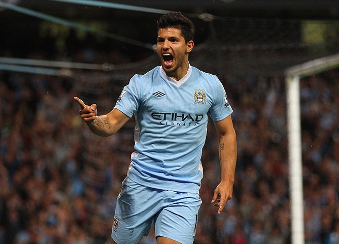 Champions League Draw: Sergio Aguero of Manchester City celebrates after scoring