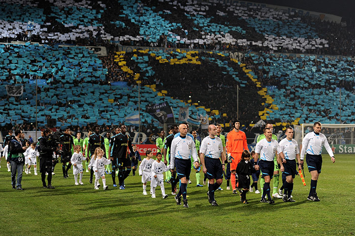 Champions League Draw: The Marseille & Chelsea teams come out for their Champions League match 