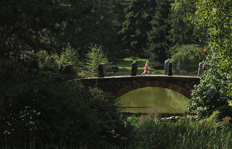 24 hours in pictures: A girl runs across a bridge in the Botanical Gardens, Germany
