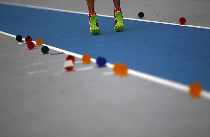 24 hours: Daegu, South Korea: A competitor during the long jump at the heptathlon