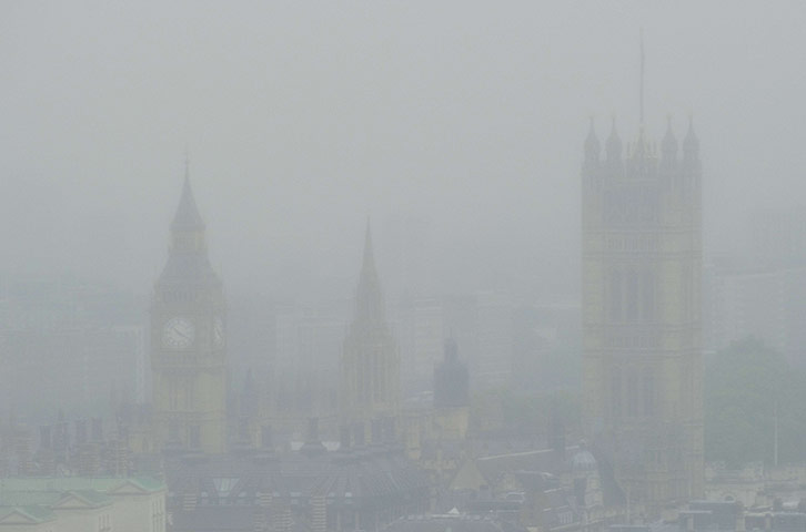 Summer 2011: London: The Houses of Parliament in Wesminster in thick fog in August