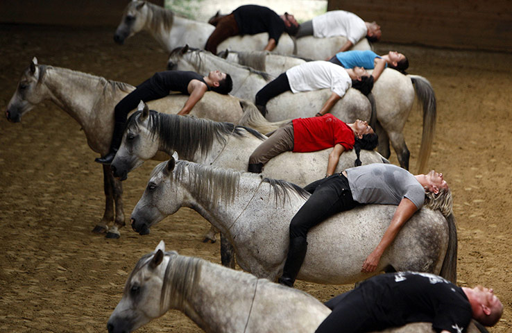 24 Hours : Kaposmero, Hungary: Riders practice for a show on their horses