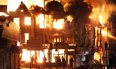 A property on fire near Reeves Corner, Croydon, south London, in the early hours of August 9, 2011