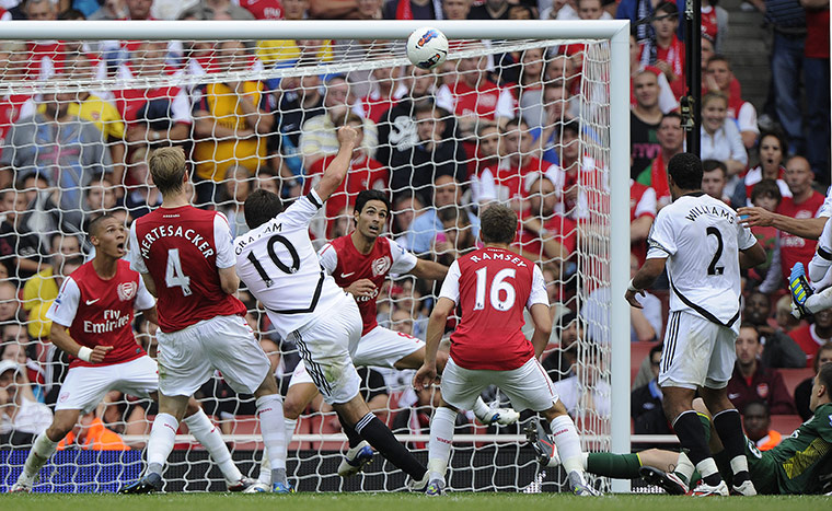 Arsenal v Swansea: Swansea's Danny Graham fires the ball over the Arsenal bar