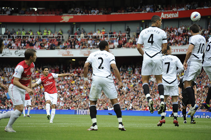 Arsenal v Swansea: Arsenal's new signing Mikel Arteta fires in a free-kick