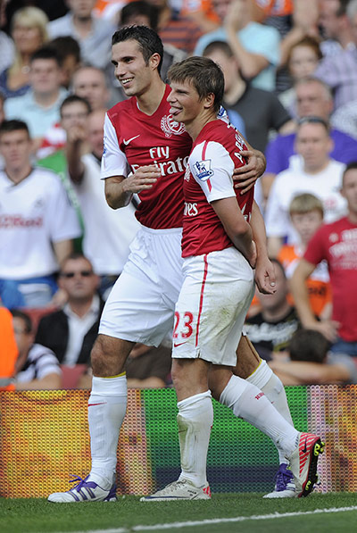 Arsenal v Swansea: Andrey Arshavin celebrates his goal with Robin Van Persie