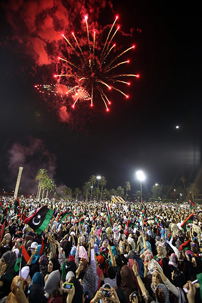 Tripoli celebration rally: Fireworks explode