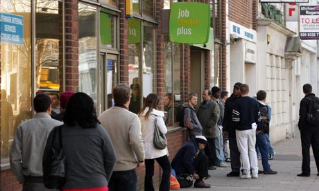 Jobseekers queue outside a Jobcentre Plus branch in London, March 2009