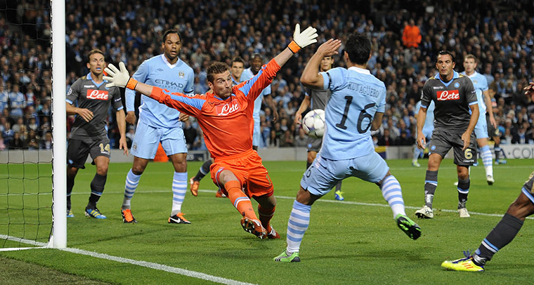 Manchester City v Napoli: Napoli's De Sanctis saves from Sergio Aguero