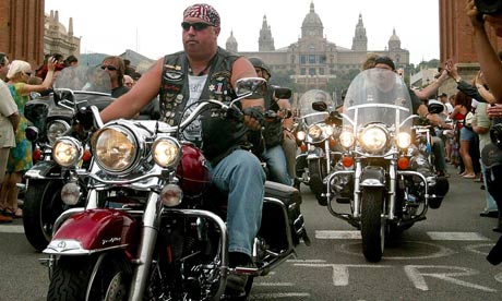 Harley-Davidson riders gathering in the Plaza de Espana, Barcelona, to celebrate the company's 100th anniversary. Photograph: Cesar Rangel/AP