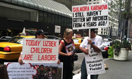 Protestors demonstrate against the use of child labour in Uzbekistan