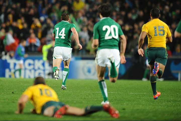 Australia v Ireland: Ireland's Tommy Bowe runs towards the Australian try line