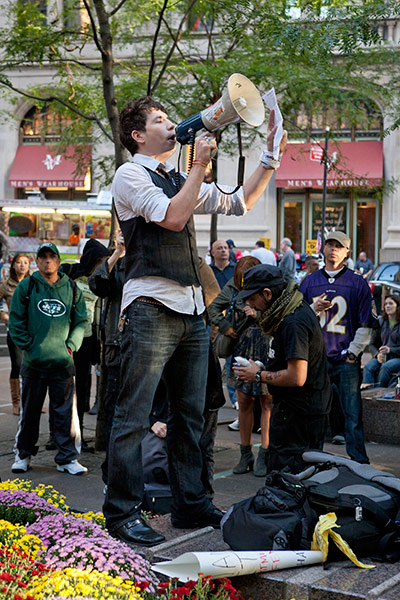 Wall Street protest: Anti-capitalist protestor with megaphone