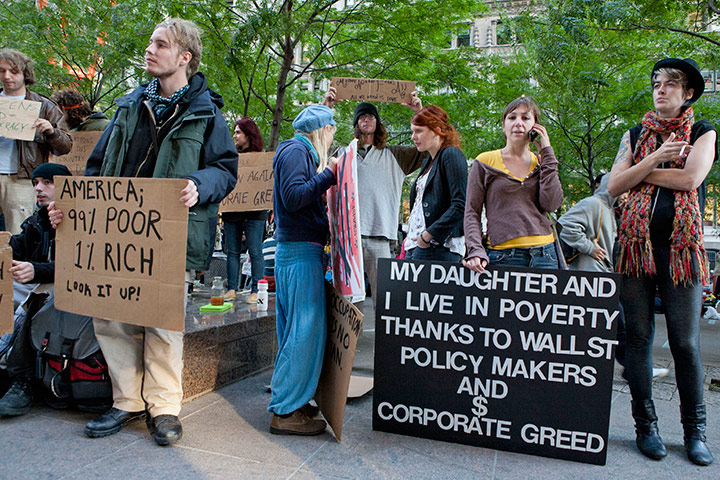 Wall Street protest: Protestors with placards in New York