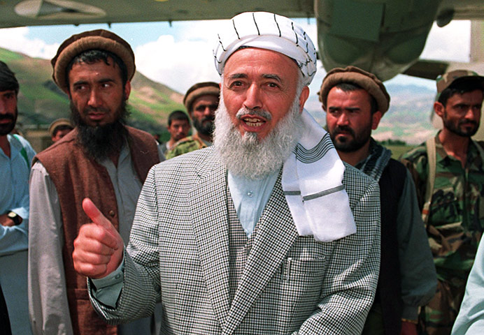 President Rabbani: 1998: Afghan President Burhanuddin Rabbani at Faizabad airstrip