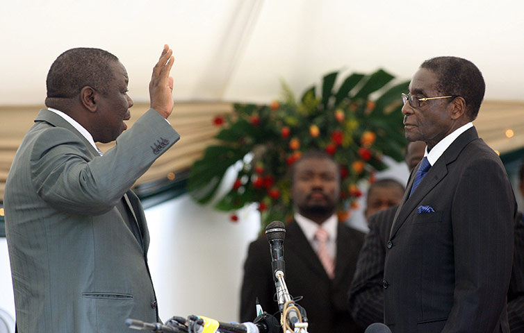 Robert Mugabe: February 2009: Morgan Tsvangirai is sworn in by President Robert Mugabe 