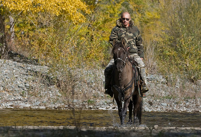 Putin: Russia's Prime Minister Putin rides a horse in Tyva Republic 
