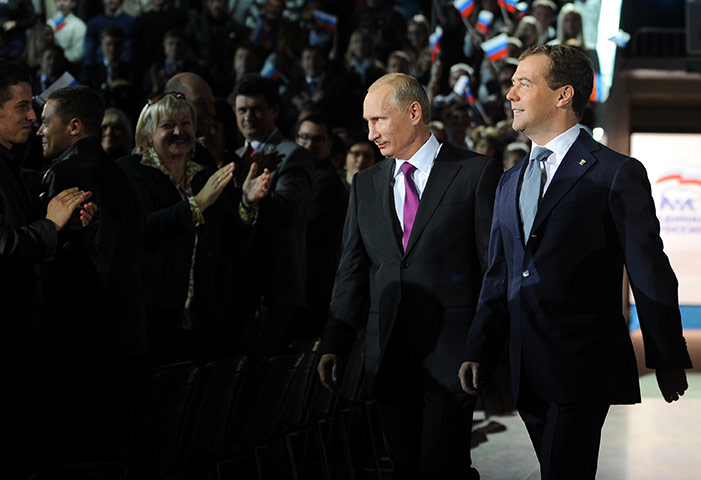 Medvedev and Putin: Medvedev and Putin at the congress of Russia's ruling party in Moscow