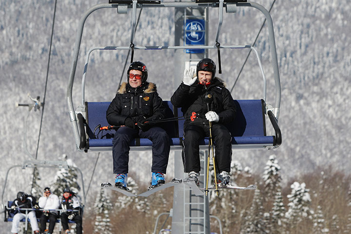 Medvedev and Putin: Medvedev and Vladimir Putin visit the Rosa Khutor ski resort 