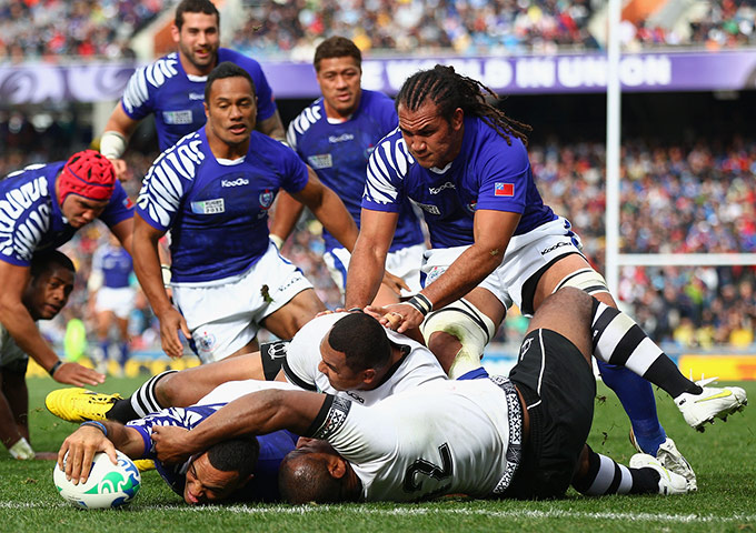Fiji v Samoa: Samoa's Kahn Fotuali'i scores the first try of the game against Fiji