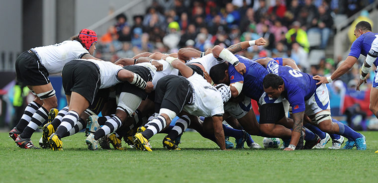Fiji v Samoa: Fiji and Samoa engage in a scrum