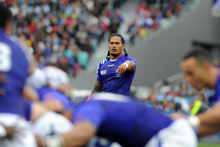 Fiji v Samoa: Samoa's left wing Alesana Tuilagi gestures during a scrum against Fiji