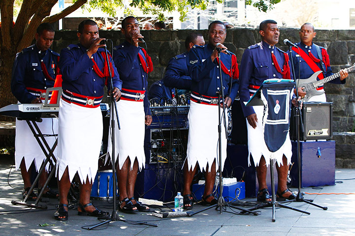 Fiji v Samoa: The Fijian Police Band perform in Ellerslie Town Sqaure, Auckland