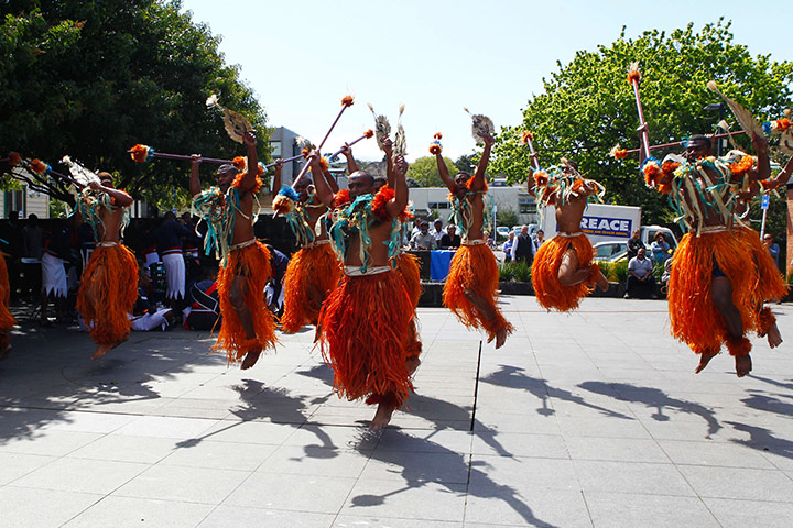 Fiji v Samoa: Fijian dancers perform alongside the Fijian Police Band