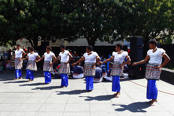 Fiji v Samoa: The Fijian Police Band perform with Fijian dancers supporting them