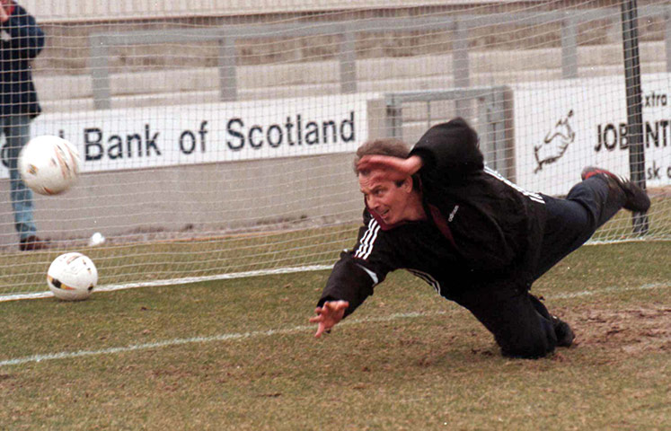 MP's playing football: 1997 Tony Blair attempts to save a goal at Inverness Football Club