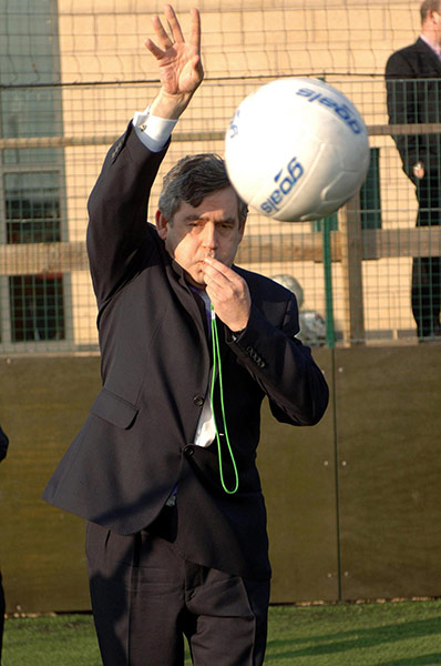 MP's playing football: Gordon Brown starts a year 11 football match in Leicester