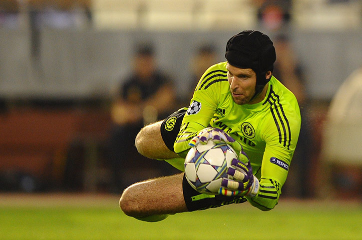 Champions League Wed: Chelsea goalkeeper Petr Cech makes a save against 