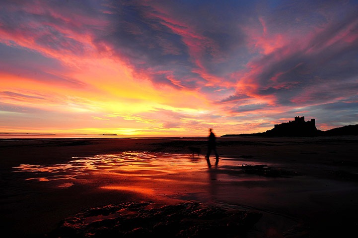 Hot Weather in the UK: A man walks his dog at sun rise near Bamburgh Castle in Northumberland